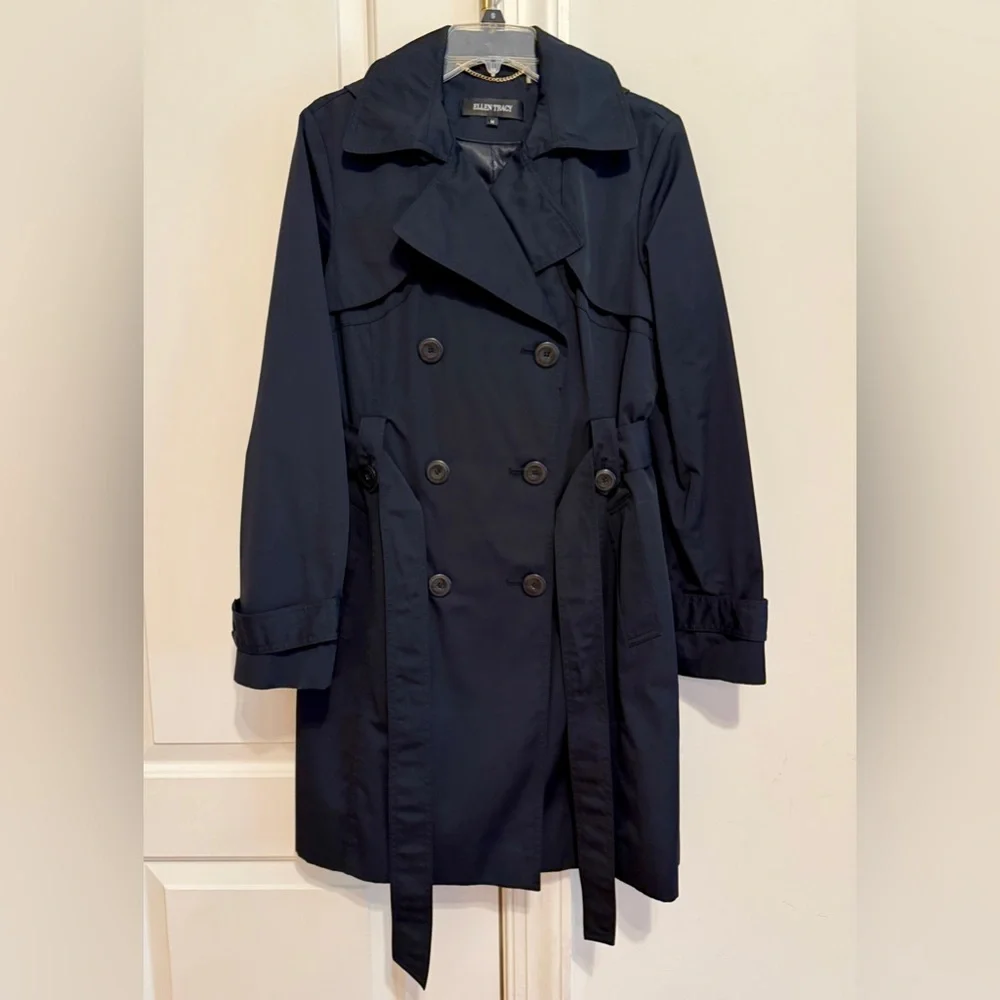 Ellen Tracy double-breasted trench coat in navy blue size M - Picture 1 of 9